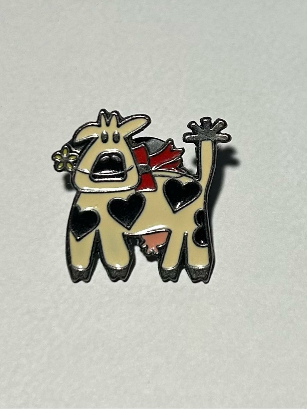 Cream and Black Heart Cow Enamel Brooch with Red Scarf